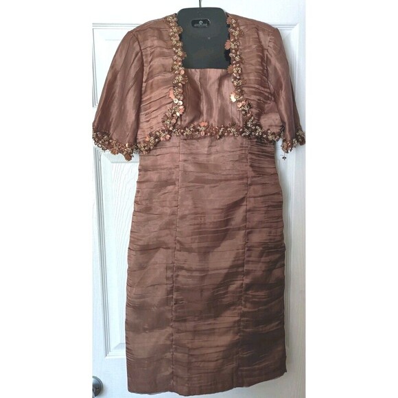 Victor Costa 2-Piece Sheath Dress  Jacket Sz 4 Brown  Shimmer Beaded Semi Formal - Picture 1 of 11